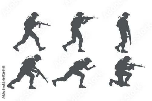 Military Soldier Silhouette Collection. Vector Set of Tactical Army and Special Forces Poses with Guns, Vector Illustration