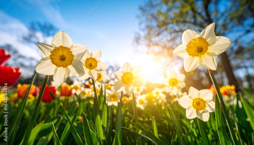 Fototapeta premium Radiant daffodils blooming under the bright sky, signaling the arrival of spring