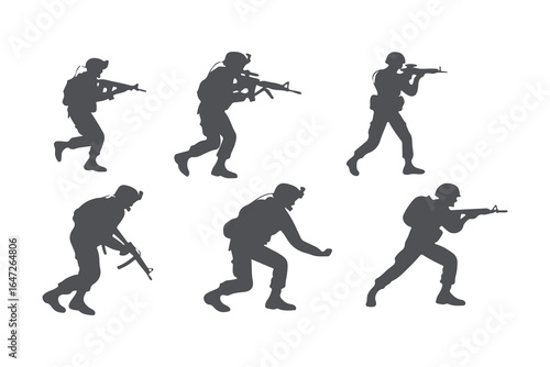 Military Soldier Silhouette Collection. Vector Set of Tactical Army and Special Forces Poses with Guns, Vector Illustration