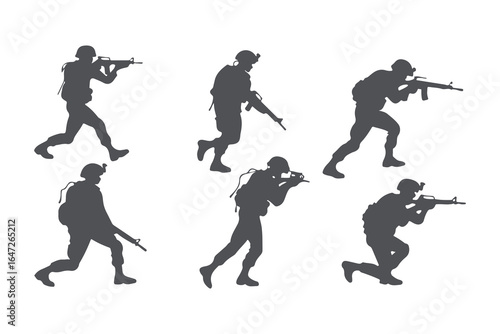 Military Soldier Silhouette Collection. Vector Set of Tactical Army and Special Forces Poses with Guns, Vector Illustration