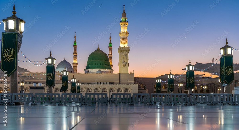 Naklejka premium Milad un Nabi Maulid or Mawlid al Nabi Islamic background banner with Madina dome glowing starry night