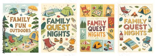 Colorful illustrations showcasing family camping activities, evoking a sense of adventure and togetherness in nature.