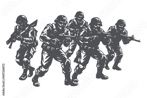 Military Platoon in Combat Formation — Vintage Vector Illustration of Army Soldiers with Rifles