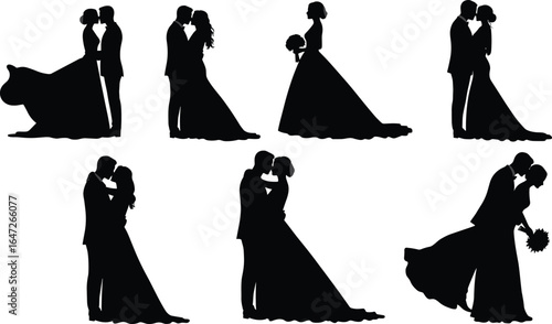 Beautiful wedding couple silhouettes, bride and groom in romantic poses, elegant bridal gowns, love, kiss, wedding day, bouquet, celebration, marriage, romance