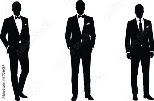 Elegant groom silhouettes in tuxedos and suits, formal wedding attire, stylish men, bow tie, pocket square, fashion, classy, standing poses, black and white vector