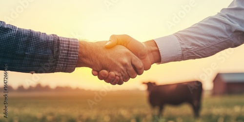 Farmer and Businessman Handshake on Rural Farm at Sunset, Symbolizing Agricultural Business Deal and Partnership