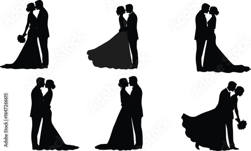 Elegant wedding couple silhouettes, bride and groom in romantic poses, wedding dress, bouquet, love kiss, celebration, marriage, romance, bridal veil, wedding day happiness