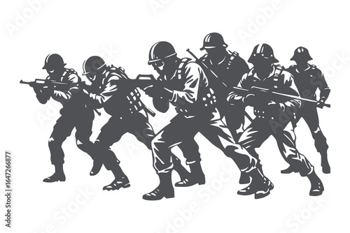 Military Platoon in Combat Formation — Vintage Vector Illustration of Army Soldiers with Rifles