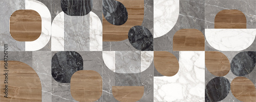 Modern seamless geometric pattern with natural textures: marble, wood, stone, cement, terrazzo. Ideal for interior design, wallpaper, packaging, textiles, tiles, and parquet flooring.	