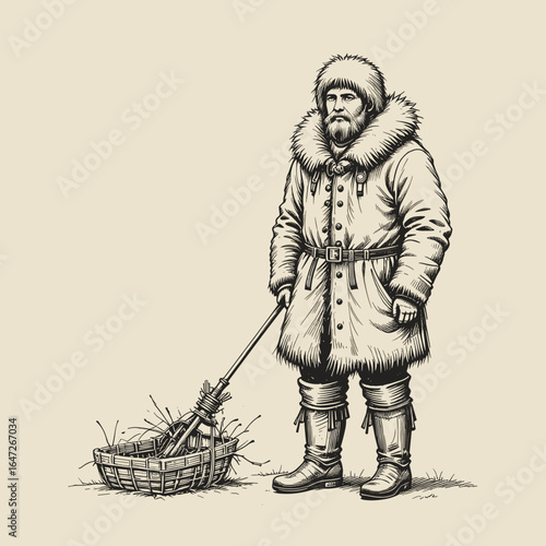 Bearded man in fur coat with a basket of twigs, confident pose, detailed illustration, black and white
