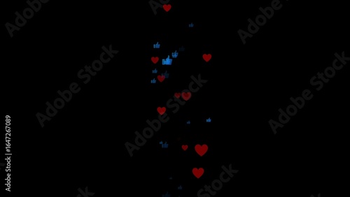 Red hearts and blue thumbs up icons floating upwards on black background social media likes