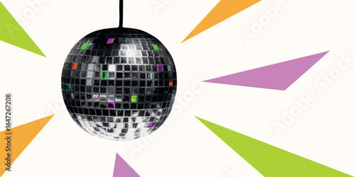 Vintage retro music halftone discoball. Collage suspended shining mirror Disco Ball with photocopy effect. Grunge disco element for karaoke, night club, poster, podcast, wall art. Isolated vector illu