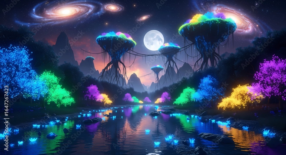 Obraz premium Fantasy Landscape with Glowing Trees and Moonlit Water