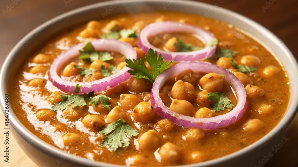 Delicious Chana Masala Chickpea Curry - A steaming bowl of Chana Masala, a flavorful Indian chickpea curry, is garnished with fresh parsley and red onion rings. Delicious Chana Masala Chickpea Curry - A steaming bowl of Chana Masala, a flavorful Indian chickpea curry, is garnished with fresh parsley and red onion rings.