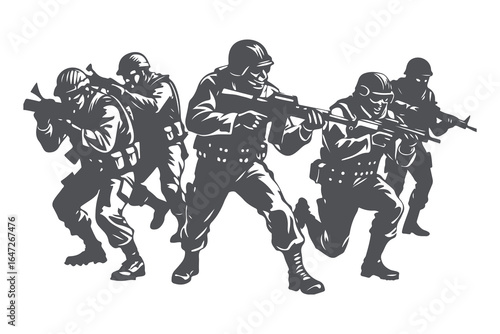 Military Platoon in Combat Formation — Vintage Vector Illustration of Army Soldiers with Rifles