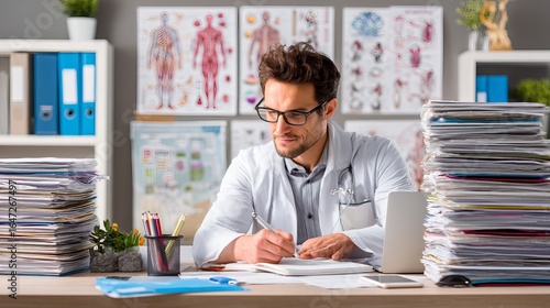 Middle-aged male doctor focused on work at a cluttered desk with medical charts in background.