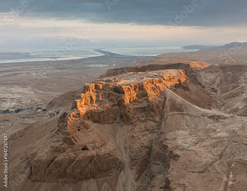 A view Masada with the Dead Sea in the background