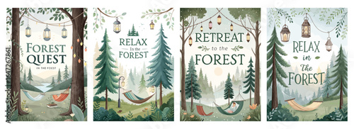 A serene collection of forest-themed illustrations featuring cozy hammocks, tall trees, and ambient lanterns.