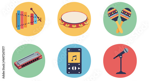 Illustration showing various musical instruments and a music app