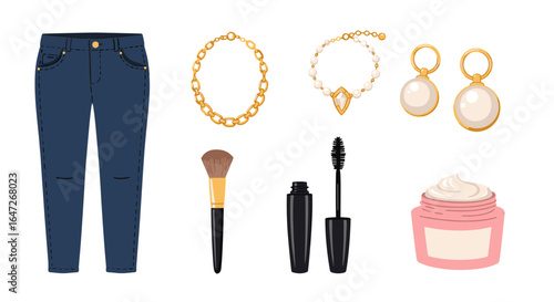 Illustration of clothing accessories and cosmetic products