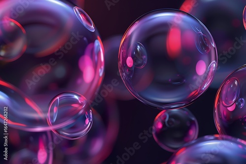 Abstract Pink and Purple Neon Bubbles;  3D Rendered Glass Spheres Background