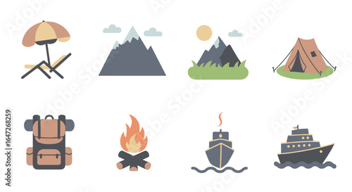 Icons depicting outdoor activities and travel destinations set