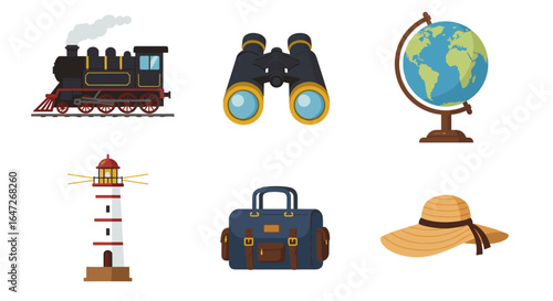 Illustration of travel themed items including train and globe