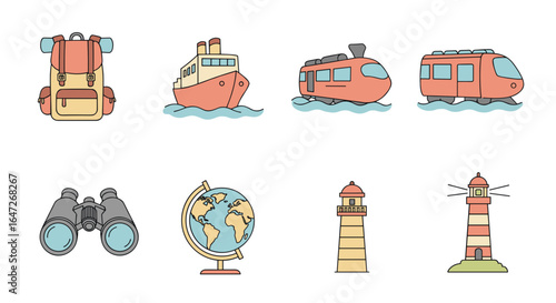 Illustration of travel themed items including backpack and ship