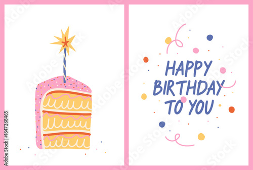 Set of happy birthday greeting cards with a piece of festive cake with a lit candle, confetti, congratulatory text on a white background; simple hand drawn vector illustration; drawing, flat style