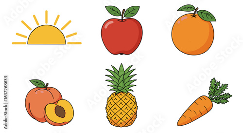 Illustration of various fruits and a carrot on a white background