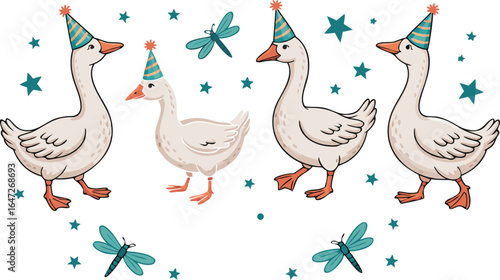 Cartoon Birthday Card Featuring Geese Wearing Party Hats with Dragonflies and Stars Design