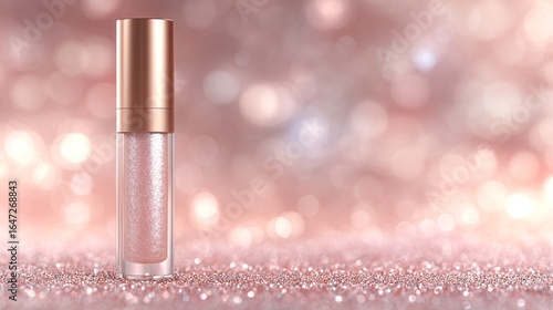 Flacone di lucidalabbra scintillante su sfondo rosa bokeh scintillante, prodotto cosmetico di lusso.