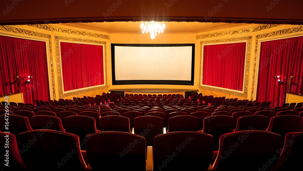 Fototapeta premium Empty Movie Theater with Red Seats and Large Screen Ready for a New Film Experience