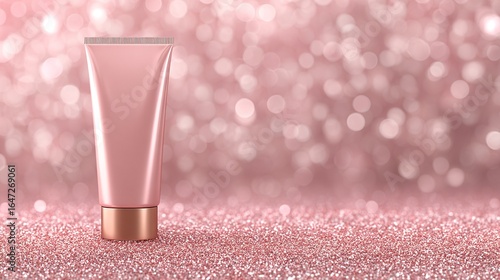 Tubo di crema cosmetica rosa su sfondo scintillante con bokeh luminoso, prodotto per la cura della pelle