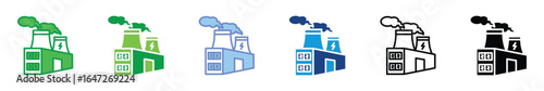 Factory Icon Set – Industrial Building, Power Plant, Manufacturing and Energy Production Vector Illustration