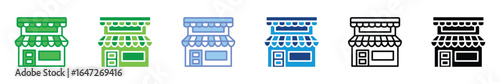 Shop Building Icon Set – Small Storefront, Retail Shop, Market Stall, and Commercial Business Vector Illustration