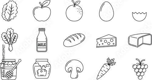 Hand drawn vector illustration of various food items, including fruits, vegetables, dairy products, and other ingredients for a healthy diet