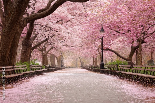 Cherry Blossom Path: Benches and Pink Petals in a Park Setting