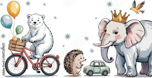 Cute Animal Cartoon Featuring Polar Bear on Bicycle, Elephant with Crown, Hedgehog, and Bird