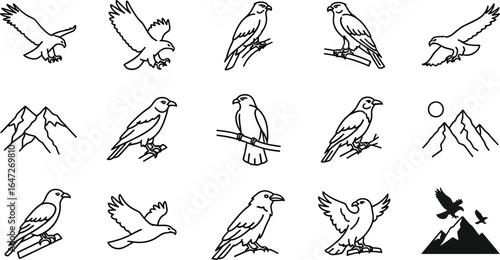 Collection of eagle and mountain illustrations set of vector drawings of birds of prey and mountain landscapes for logos, icons, tattoos, and designs