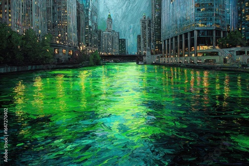 Chicago River Dyed Green for St. Patrick's Day, Cityscape Impressionistic Painting