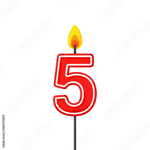 Decorative number 5 birthday candle with a lit flame. Flat design icon for a fifth party, anniversary, and celebration concepts isolated on a white background.