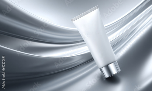 Tubo bianco di crema cosmetica su sfondo metallico lucido con onde fluide, concetto di cura della pelle