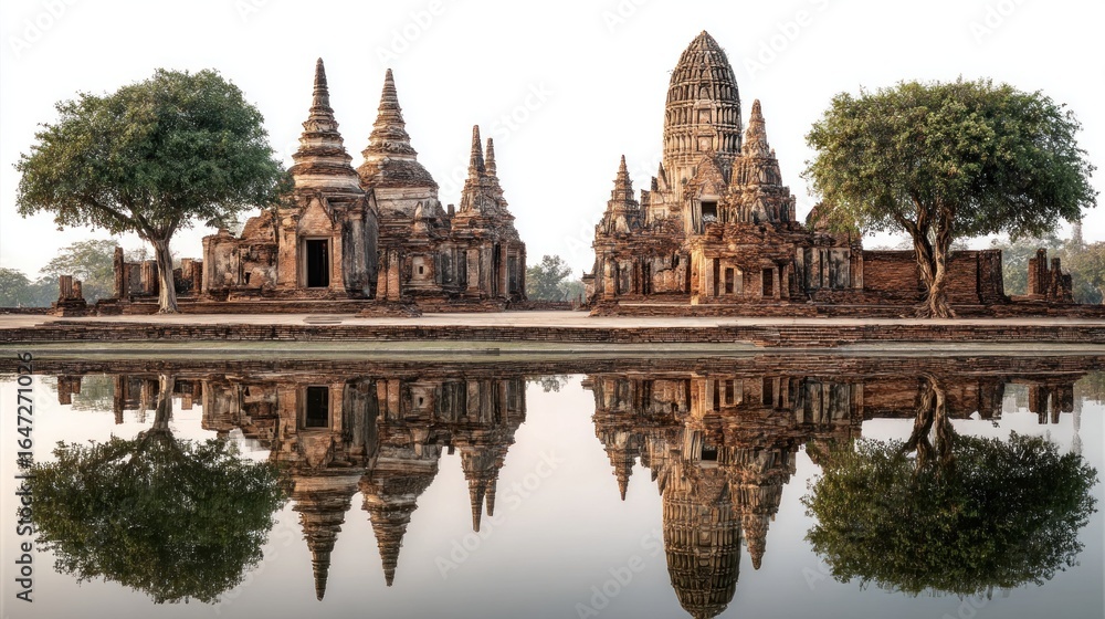 Fototapeta premium Majestic ruins of ancient temples reflected in calm water serene landscape