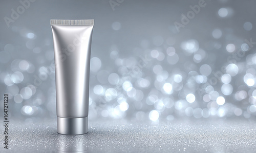 Tubo di crema cosmetica argentato su sfondo scintillante con bokeh luminoso per prodotti di bellezza e cura della pelle.