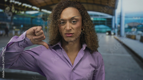 Curly haired transgender woman in purple shirt giving thumbs down gesture at airport terminal walkway; disapproval.