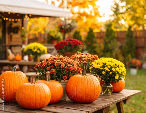 Fototapeta Naklejka Na Ścianę i Meble -  Autumn pumpkins and mums on a wooden table outdoors