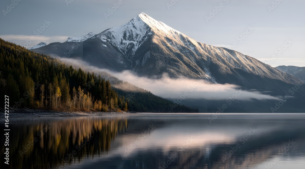 Naklejka premium Majestic mountain peak reflected in tranquil lake, surrounded by lush forest and shrouded in soft morning mist, creating a serene and picturesque landscape