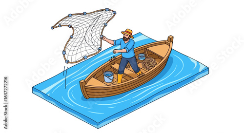 Bearded fisherman in a hat and yellow boots casting a net from a small wooden boat.