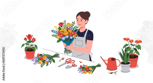 Cheerful female florist in an apron holding a vibrant, colorful bouquet at her workbench with tools.